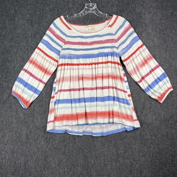 Anthropologie Meadow Rue Smoked Peasant Top Striped White Blue Red SZ XS EUC - Picture 1 of 8